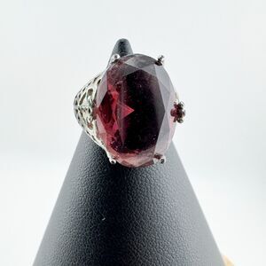 Vintage Silver Tone Filigree Ring Large Red Maroon Glass Stone Retro Cocktail